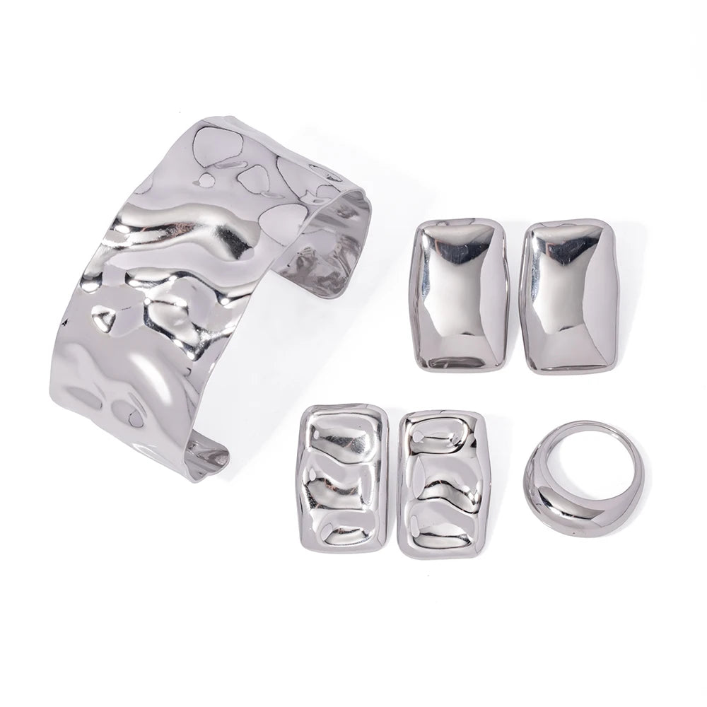 J&D Jewelry Unisex Stainless Steel Smooth High Polish Rectangle Hammer Texture Bangle Chunky Earring Ring