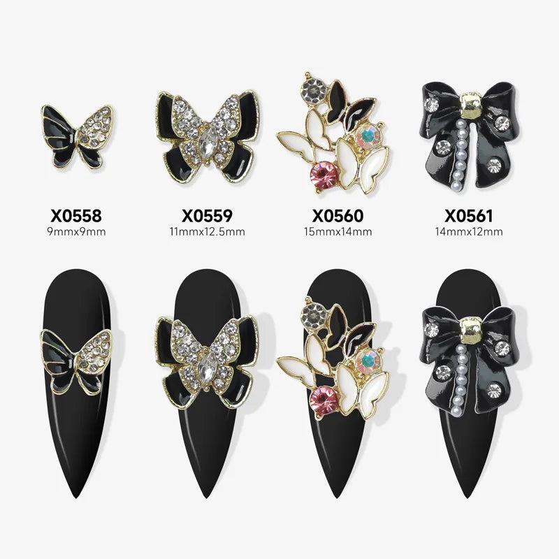 3D Butterfly Alloy with Diamond Bow Black and White Colors Nail Art Decoration Accessories 3D Nail Art Stones