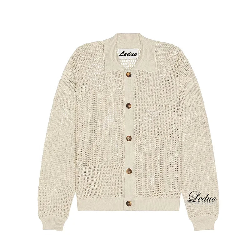 LEDUO Custom Men's Cardigan Sweater 100% Cotton Winter Solid Breathable Anti-Pilling Anti-Wrinkle Button Decoration Mesh