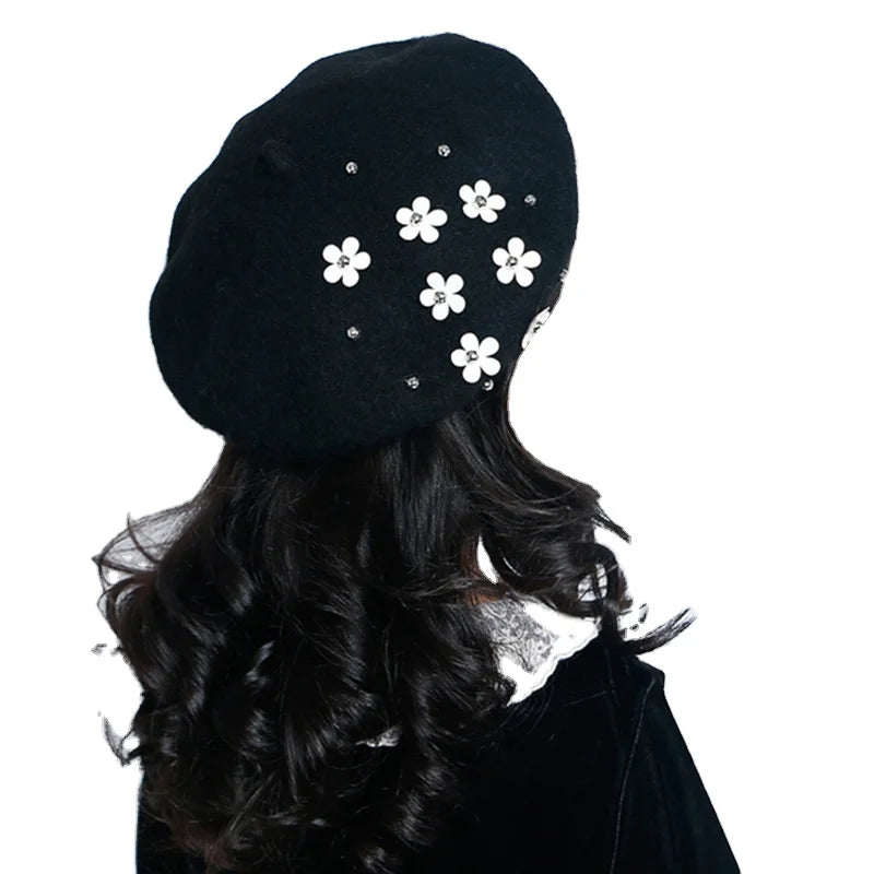 Artist Winter Beanie Vintage Flower Elegant Fashion 100% Wool Knit French Women Kids Beret Hats for Girls for Kids