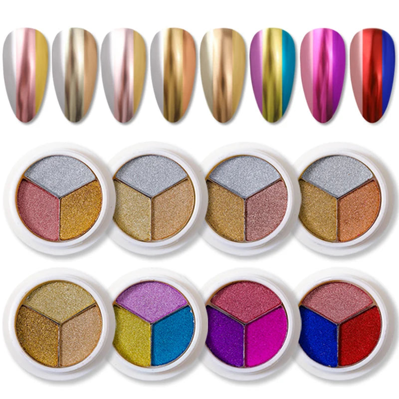3 Colors Solid Mirror Nail Glitter Powder Dust Metallic Metal Effect Nails Art UV Gel Polish Chrome Pigment Nail Art Decorations