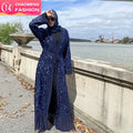 1711# Modest Navy Open Abaya With Sequins Long Sleeve Chiffon Cardigan Islamic Muslim Abayas for Women