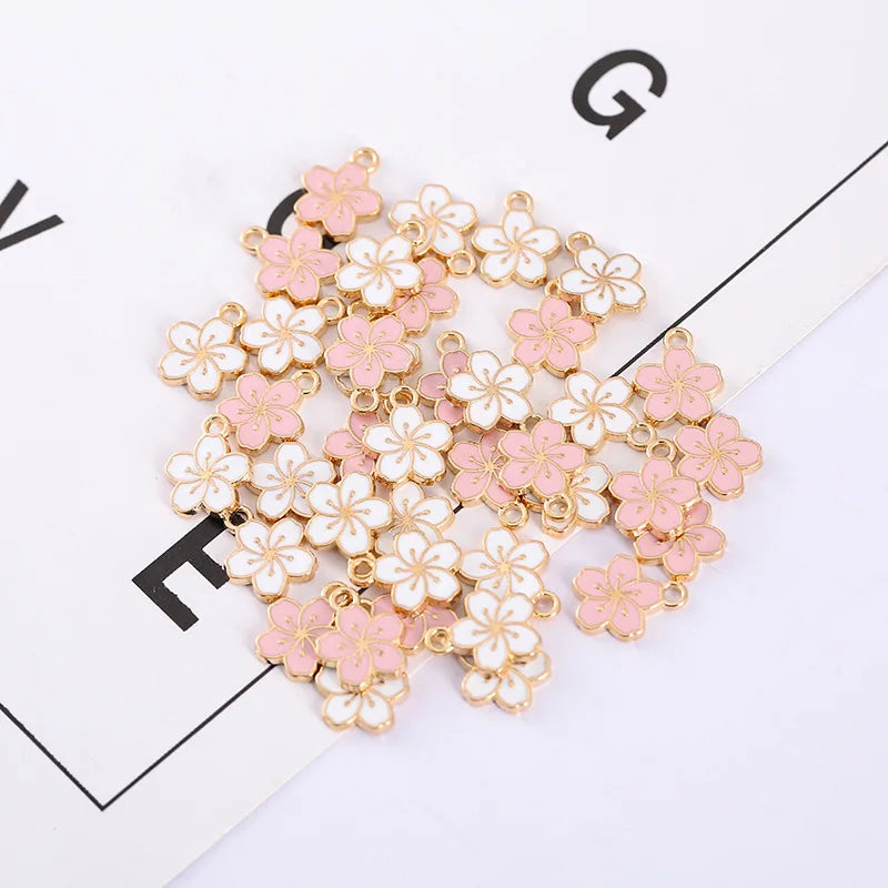 Small Flower Enamel Charms Cherry Blossom Decor Gold Plated Pendant for Bracelets Necklaces Earrings Jewelry Making
