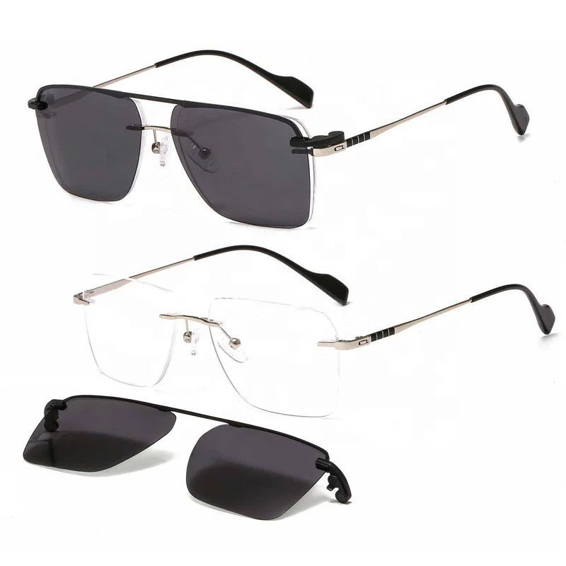 Designer Rimless Metal Optical Frame with Clip on Polarized Sunglens square Shape Prescription Sunglasses for Men 33093 MegaBDM