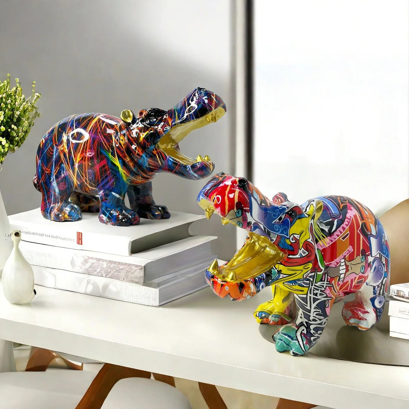 Neo Nordic Creative Colorful Eco-friendly Hippo Figurine Big Mouth Resin Craft Decoration for Home Living Room Office Desktop