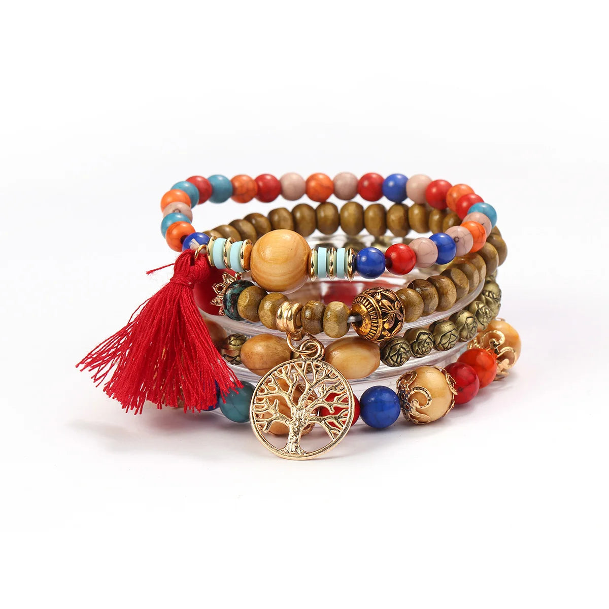 Bohemian Jewelry Tassel Multi-layer Wooden Beaded Bracelet Boho Style Stacks Bracelets Sets Handmade Jewelry