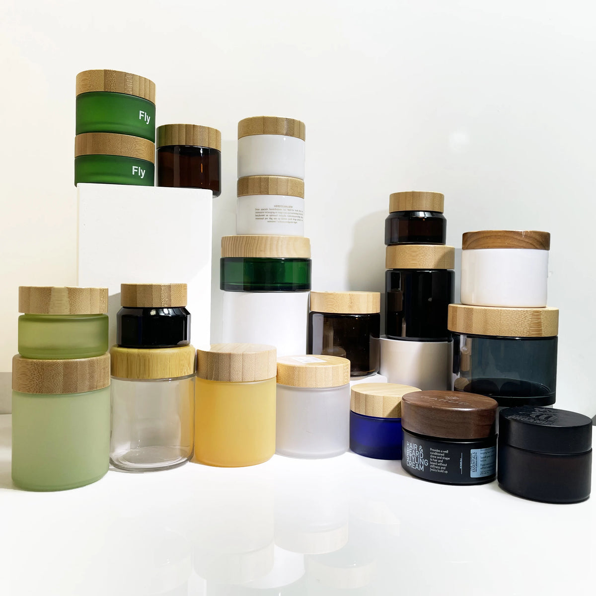Packaging Container Empty Custom Green Bamboo Body Butter Face Cream Frosted Cosmetic Glass Jars With Lid