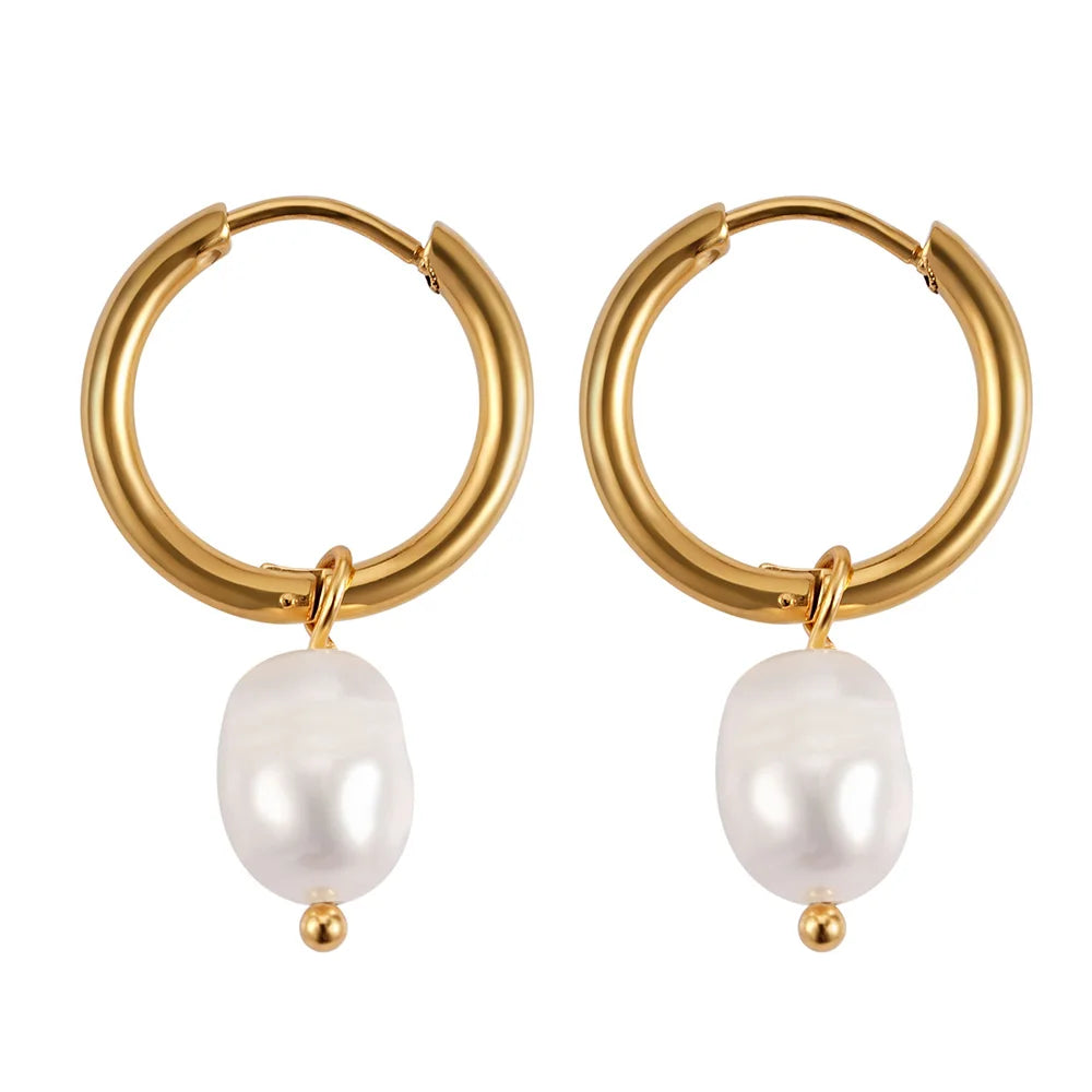 Metal Circle Ear Buckle Freshwater Pearl Pendant Earrings Luxury French Stainless Steel 18K Gold Plated Earrings