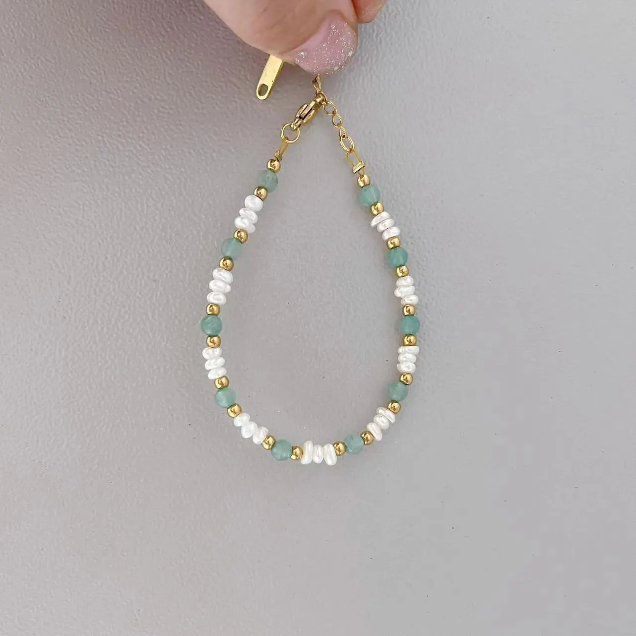 Handmade Summer Beach 18K Gold Plated Stainless Steel Bracelets Freshwater Baroque Pearl With Natural Aventurine Stone Jewelry