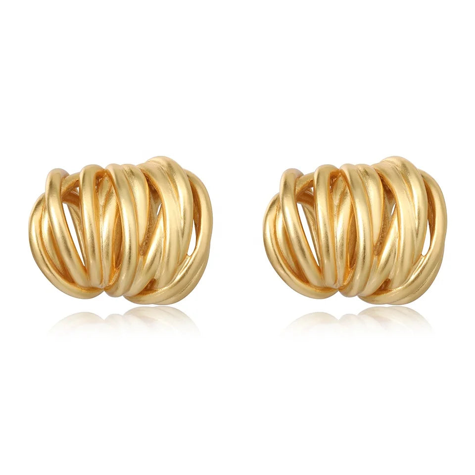 French Vintage Brass Frosted Gold Hollowed Out Twisted Line Earrings for Women Jewelry Customized
