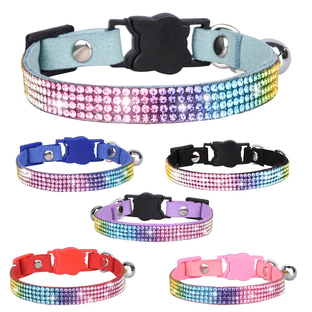 2022 Doel Shiny Rhinestones & Ribbons Floral Pattern Microfiber Bell Cat Collar