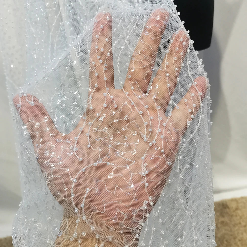 European Style Sequin Fabric With Embroidery White Beaded Laces Fabrics Luxury Wedding Mesh Net Lace