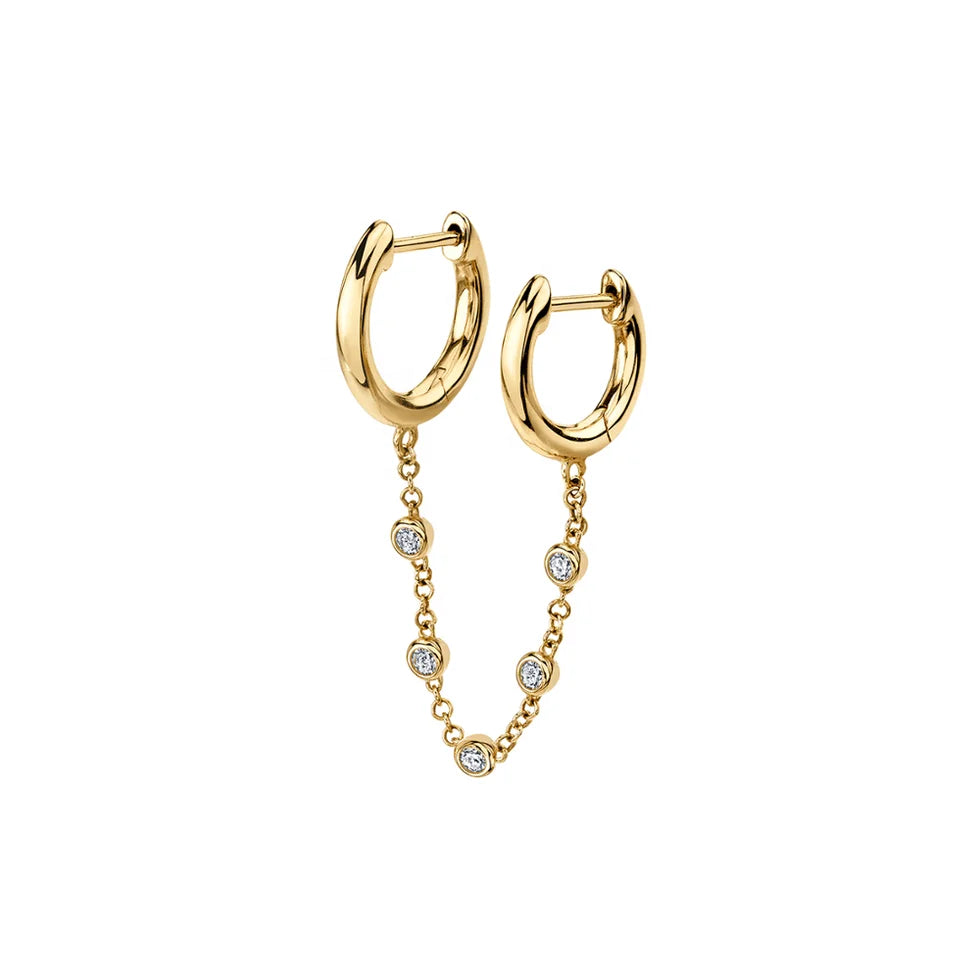 Fashion Jewelry Gold Plated 925 Sterling Silver Zircon Trendy Tassel Double Piercing Chain Connected Thin Hoop Earrings