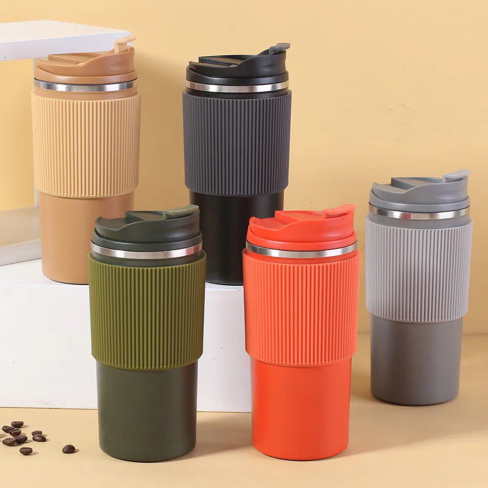 Custom Logo 450ml Leakproof Double Wall 18/8 Stainless Steel Coffee Mug Car Travel Insulated Drinking Mugs With Silicon Sleeve
