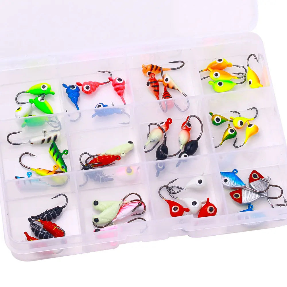 48pcs/set New Type Wholesale Winter Fishing Small Colorful Lure Glowing Raindrop Ice Jigs Head Set in Tackle Box Set