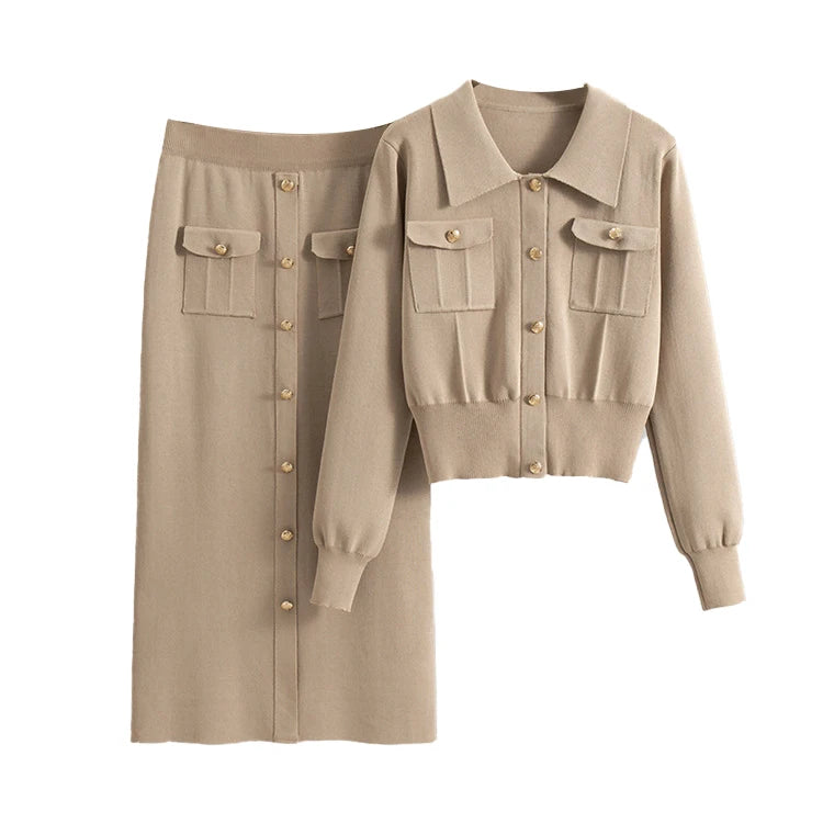 Spring Autumn Solid Colour Button Knit Set French Elegant Knitted Sweater and Skirt Set Knitted Two Piece Set for Women