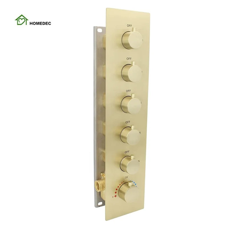 5 Function Brass Brushed Gold Thermostatic Shower Mixer Multifunction Diverter Valve