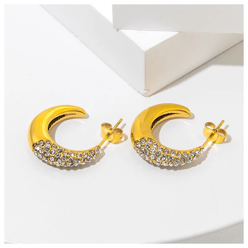 Powell New Arrival 18K PVD Stainless Steel Stud Earrings Waterproof Zircon Pearl Geometric Trendy Wholesale Gold Jewelry