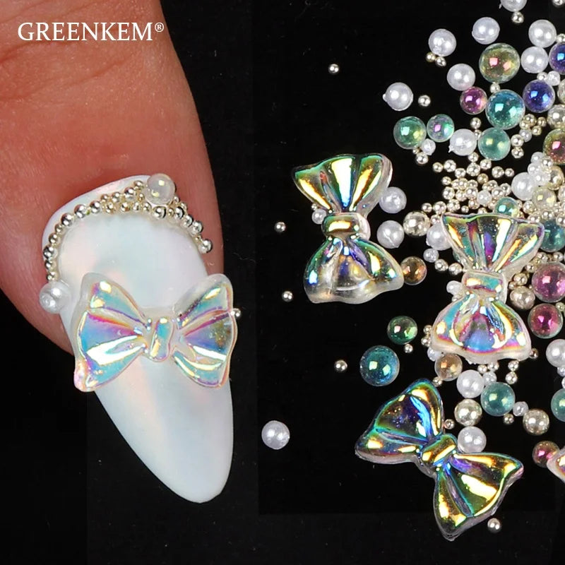 GREENKEM Butterfly Flower Japanese Style Jewelry Nails Charms Alloy Crystal Nail Manicure 3D Aurora Butterfly Bow Nail Art