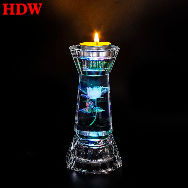Guangzhou Wholesale Custom DIY LED Light K9 Crystal Candle Holder Set Carved Love Theme for Table Decoration