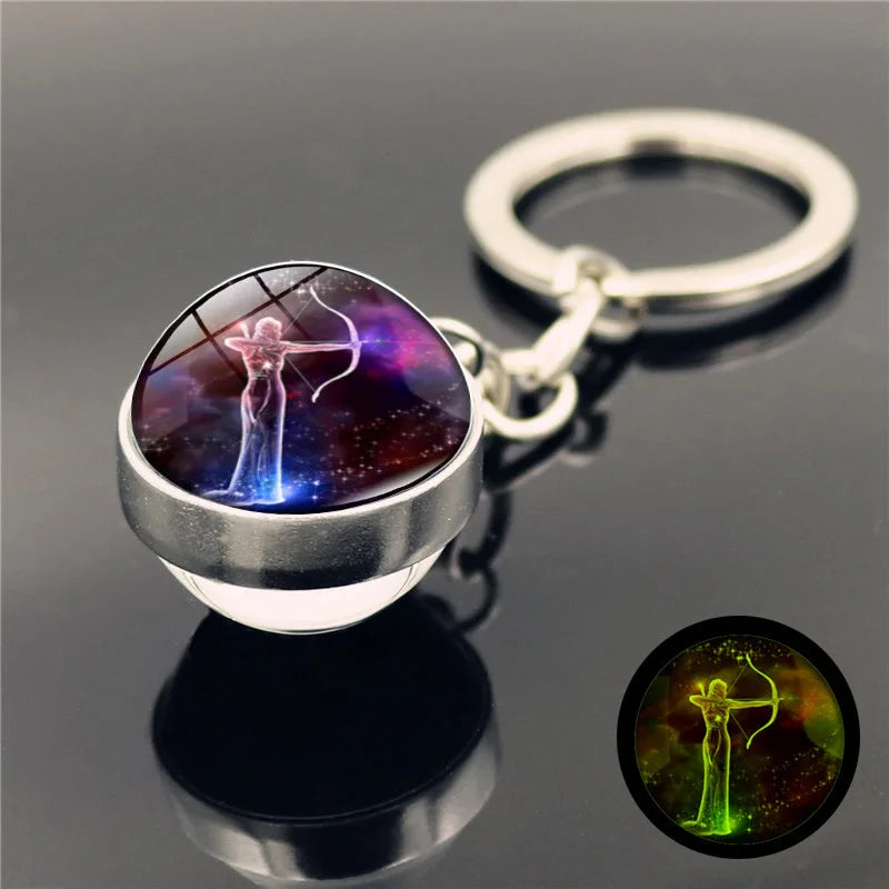 Luminous at Night 12 Zodiac Signs Double Side Glass Ball Pendant Key Chain Key Ring for Boyfriend Girlfriend Birthday Gifts
