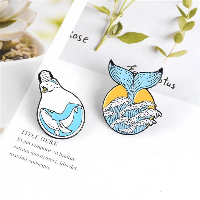 Custom Cartoon Blue Sea Wave Ocean Whale Heart Enamel Metal Lapel Pins