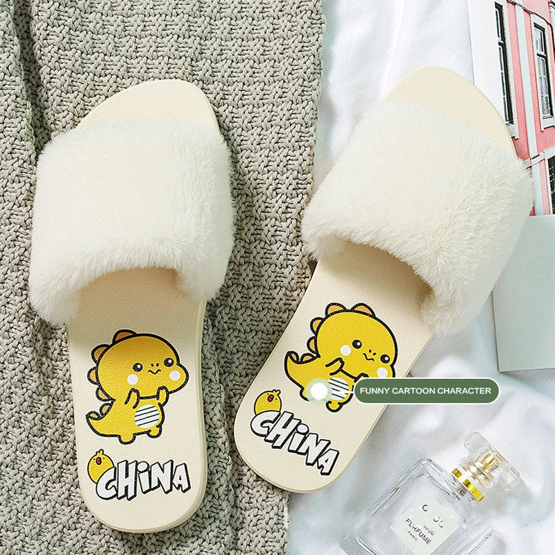 Fashion Plush Fur Anti-Slip Lightweight for Wholesale Custom Flip Flops Cute Indoor House Cartoon Design Spring Autumn Fuzzy