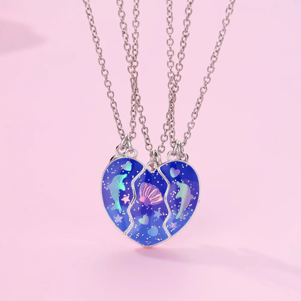3pcs/Set Best Friend Necklace Magnetic Sprinkle in Heart Pendant Necklace Children's Dolphin Shell Drip Oil Necklace Set