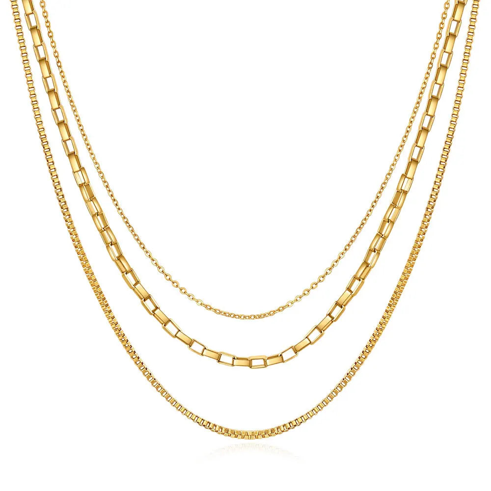 Fashion Waterproof 18K Real Gold Plated Three Layer Link Chain Necklace Non Tarnish Stainless Steel Box Chain Necklaces YF3406