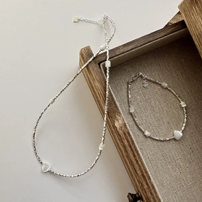 Handmade Luxury Heart Shell Beaded Necklaces Bracelet for Women Lady 925 Sterling Silver Fine Jewelry