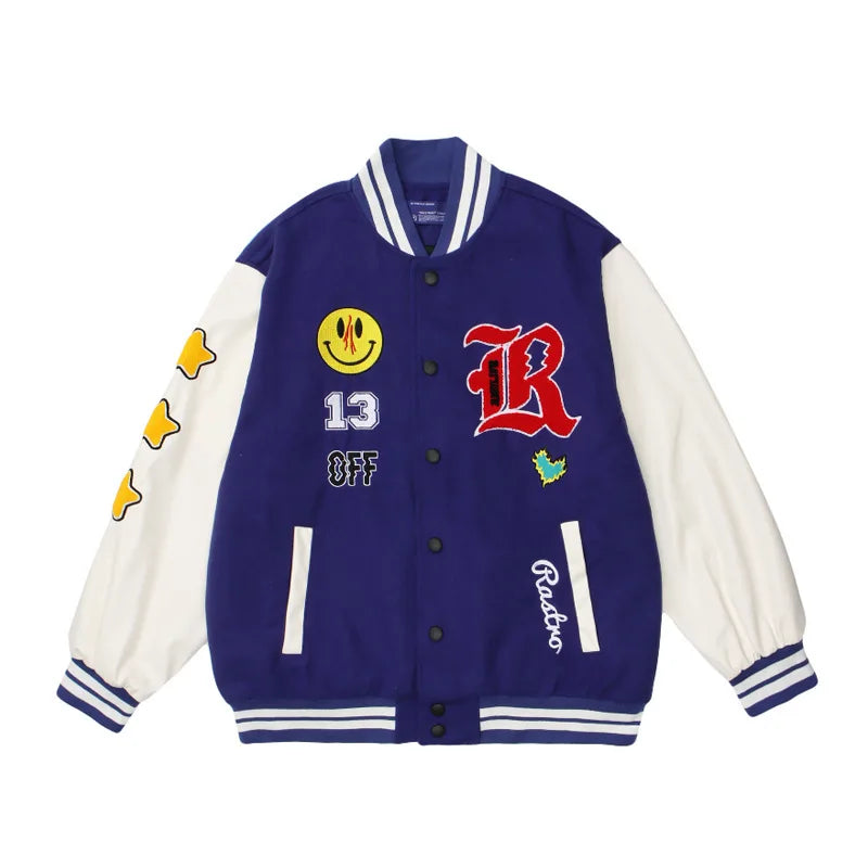 Men's Retro Hip Hop Street Dance Jacket American Style Vintage Baseball Uniform with Stand Collar PU Leather Sleeve
