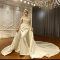 Luxury Beaded Satin Asymmetrical Shoulder Long Sleeve Removable Mermaid Wedding Dress