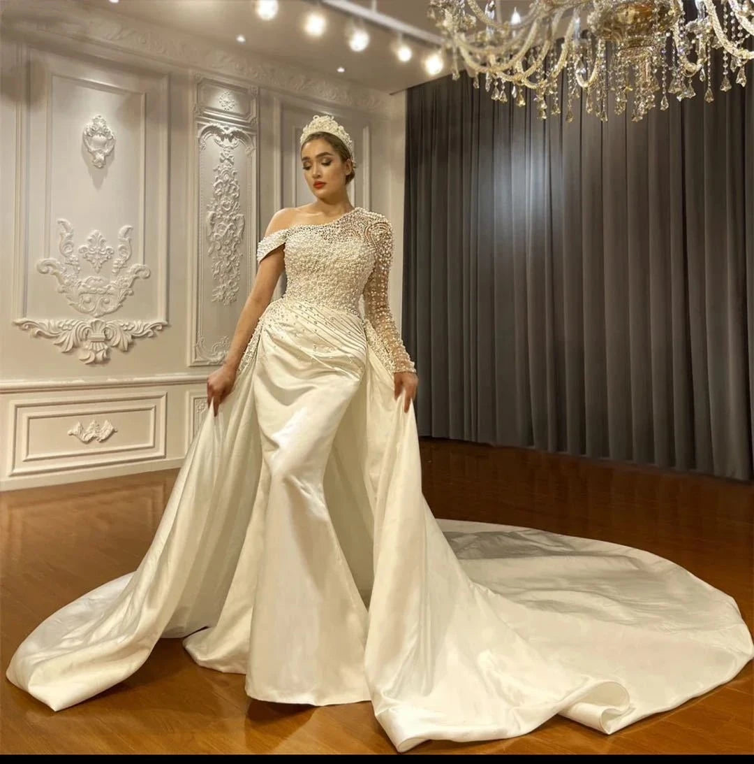 Luxury Beaded Satin Asymmetrical Shoulder Long Sleeve Removable Mermaid Wedding Dress