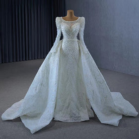 Luxury Pearl Beaded White Mermaid Sheath Ball Gown Vintage Royal Wedding Dress RSM222236