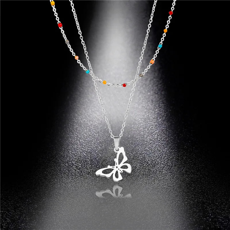 DAIHE 2pcs/set Butterfly Necklace Set for Women Girls Jewelry Clavicle Chain Beaded Stainless Steel Butterfly Necklaces