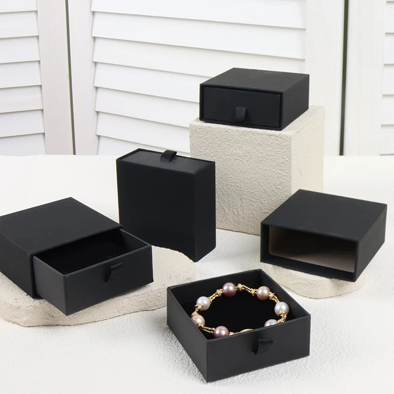 Black Cardboard Jewelry Packaging Box with Plastic Displays Paper Boxes and Jewelry Bags