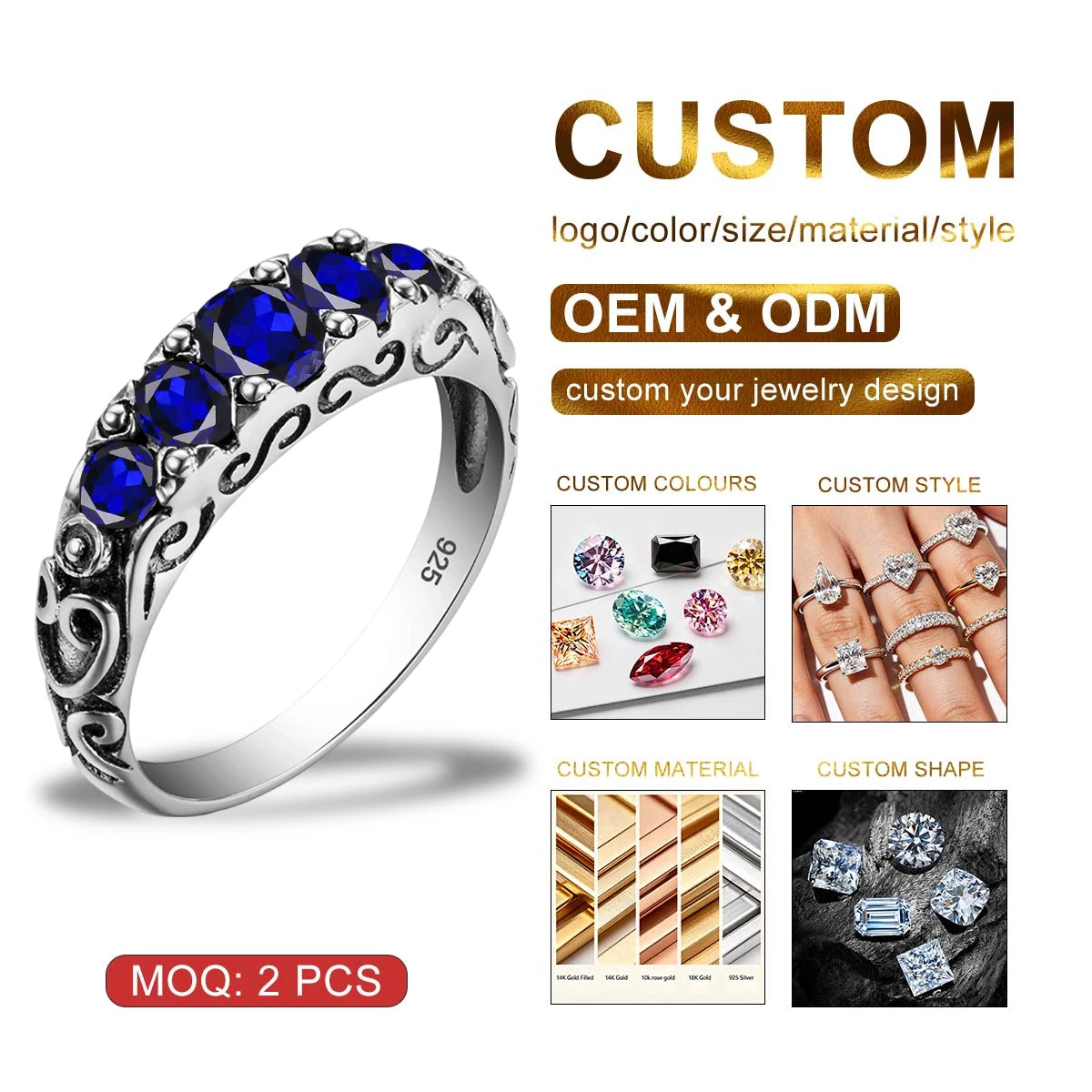 Palace Wind Wedding Jewelry Cocktail Crystal Ring Amazing Super Created Sapphire Stone 925 Sterling Silver Women Vintage Round