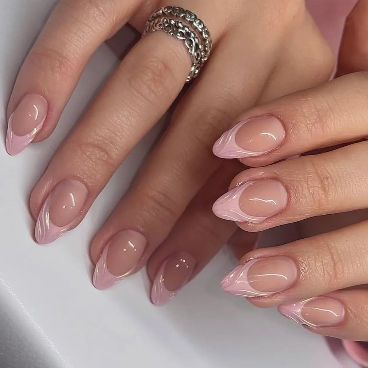 24 Pcs/set Short Almond Shaped French Pink 3D Acrylic Nail Tips Press on Nails Wholesale 3390