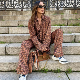 Factory Wholesale Allover Printed Satin Loose Shirt And Wide Leg Pants Two Piece Spring Women Clothing Sets