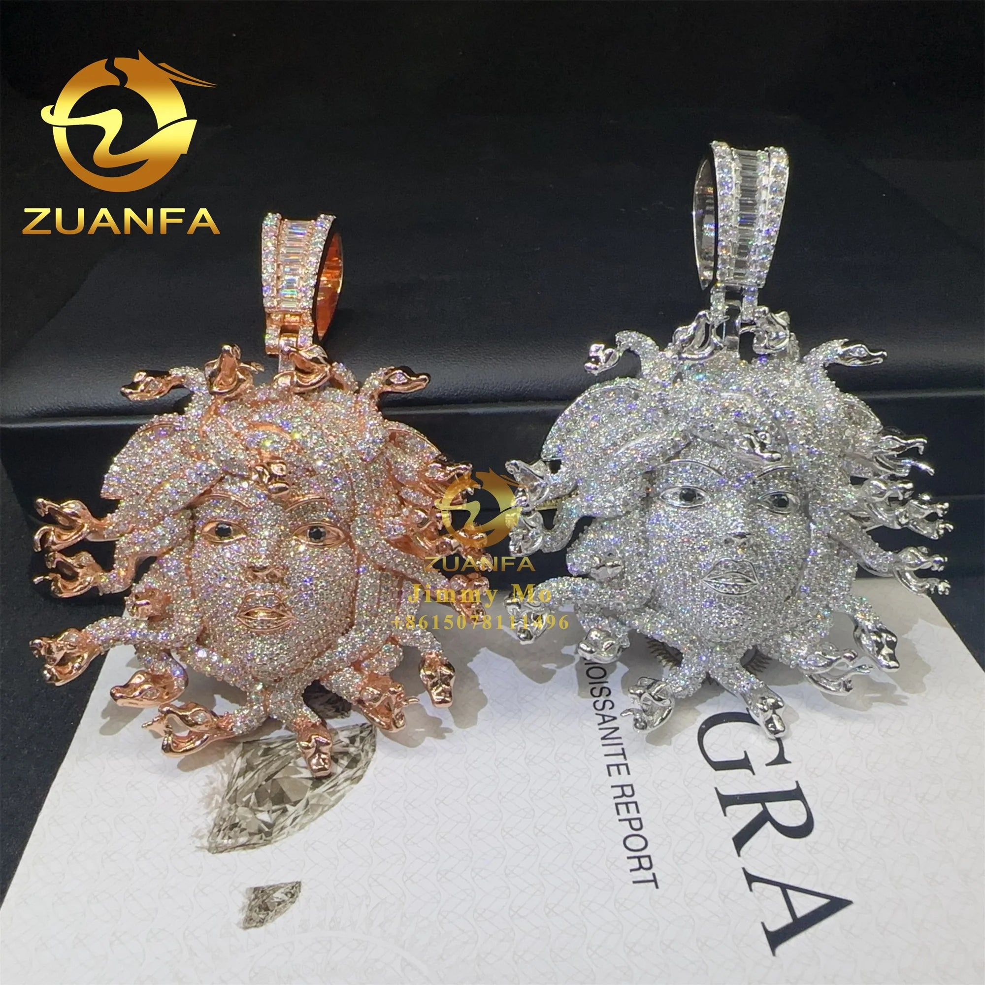 2.5" Height Popular Style 925 Silver Hip Hop Jewelry VVS Moissanite Diamond Medosa Logo Pendant Charm Necklace Men