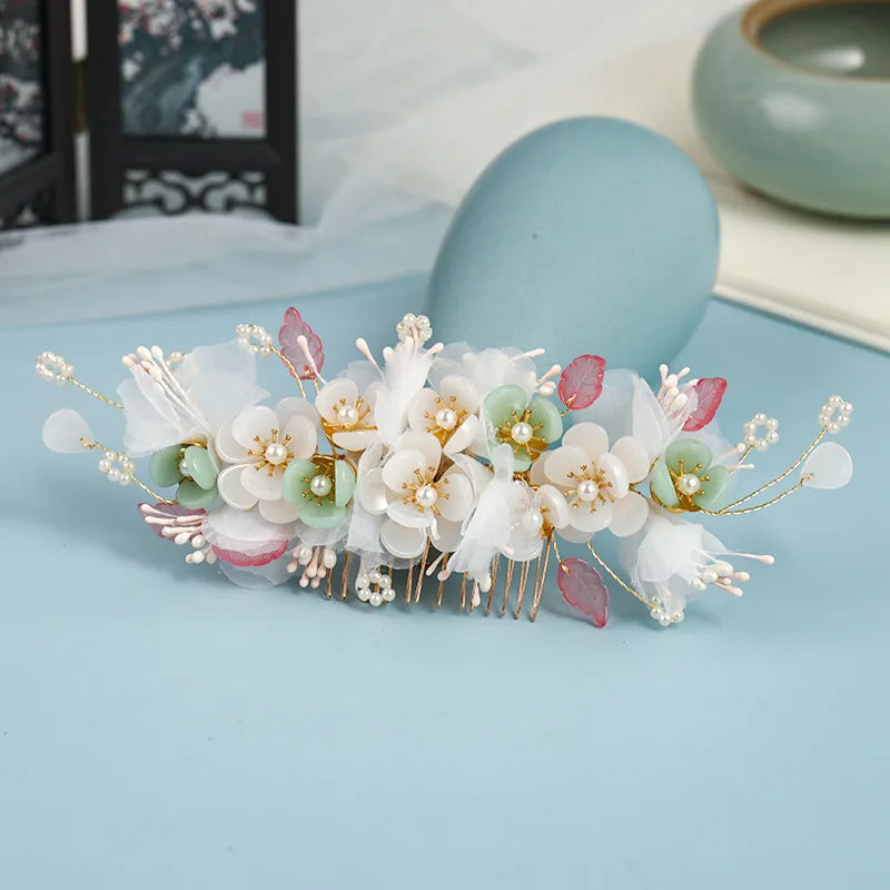 Ancient Style Hair Accessories New Crystal Handmade Hair Comb Hanfu White Silk Yarn Flower Hair Comb