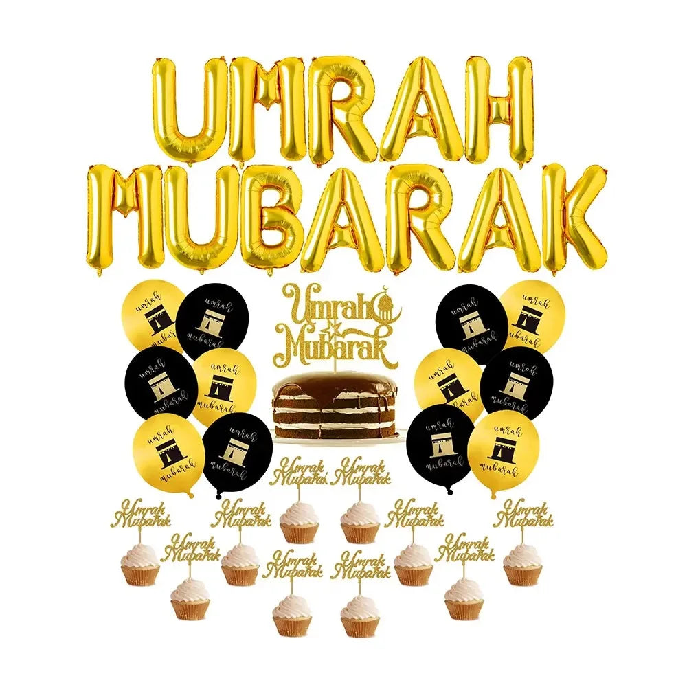 UMRAH Mubarak Letter Foil Balloons Garland Helium Printed Latex Balloon Kit Cupcake Toppers for Happy Ramadan/EID Party Decor