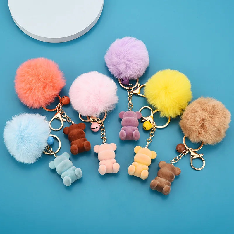 Cute Flocking Cartoon Bear Keychain Keyring Oso Women Girl Fluffy Ball Pompom Fur Key Chain Candy Color Cartoon Bag Charms