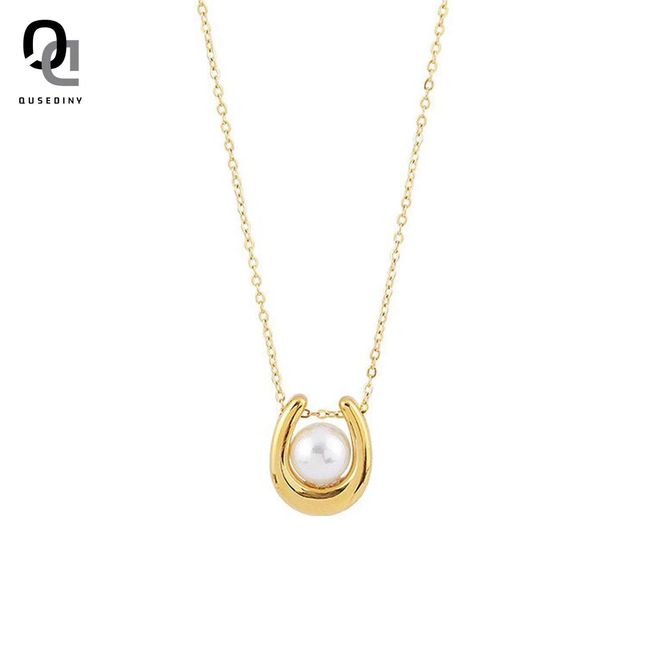QUSEDINY New Design Jewelry 361L Stainless Steel Gold Plated Horseshoe U Shape Pearl Choker Necklace for Women Girls Ladies