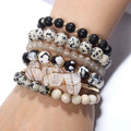 Elastic Boho Gemstone Jewelry Natural Gemstone Crystal Glass Alloy Screw Thread Druzy Bangle 6PC Stretch Stack Bracelets Sets