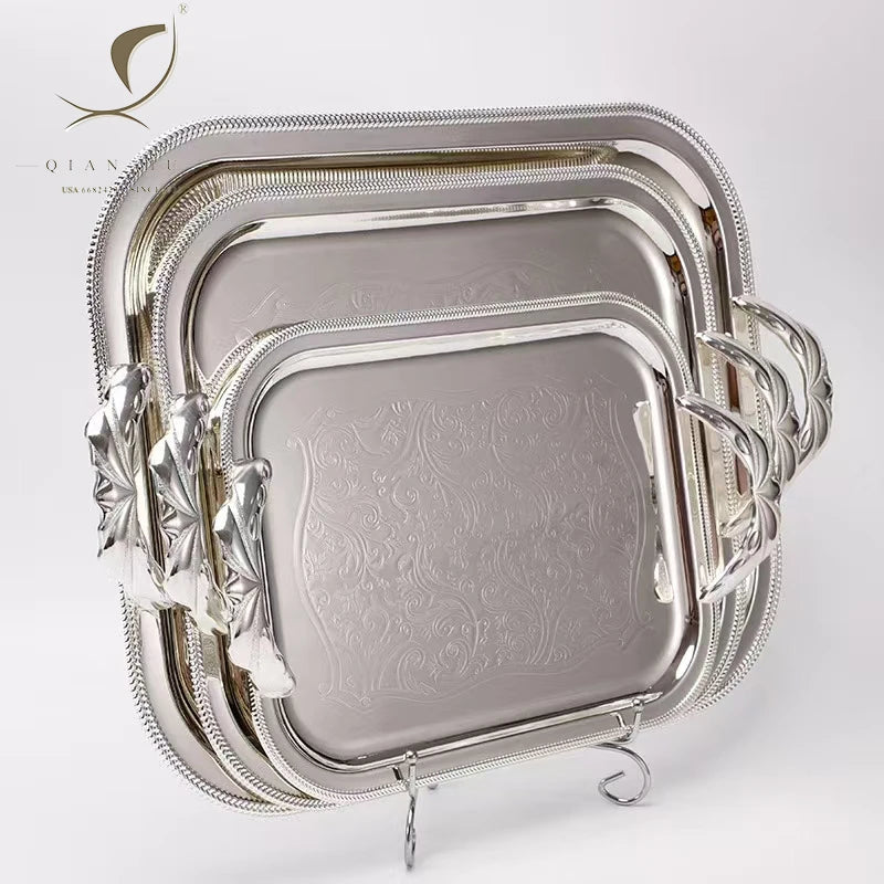 2025 Qian Hu Top Grade Luxury Metal Trays Set Silver & Gold Square Serving Tray for Hotel Wedding & Party