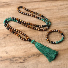 Fashion Prayer Mala Necklace for Women Jewelry Gift Yoga Healing Crystal Natural Tiger Eye Turquoise Beaded Stone Necklace
