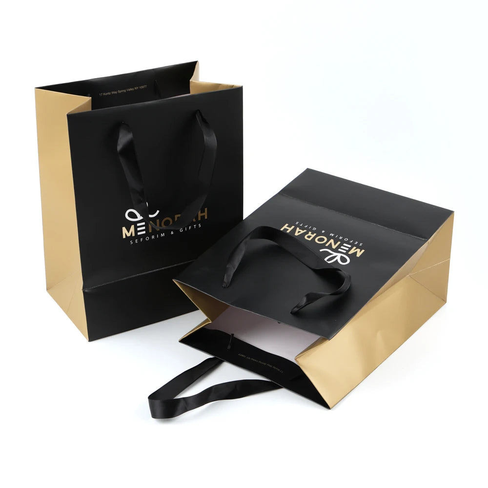 Custom Gold Foil LOGO Clothing Underwear Gift Packing Black Paper Shopping Bag With Polyester Ribbon Handle for Shops