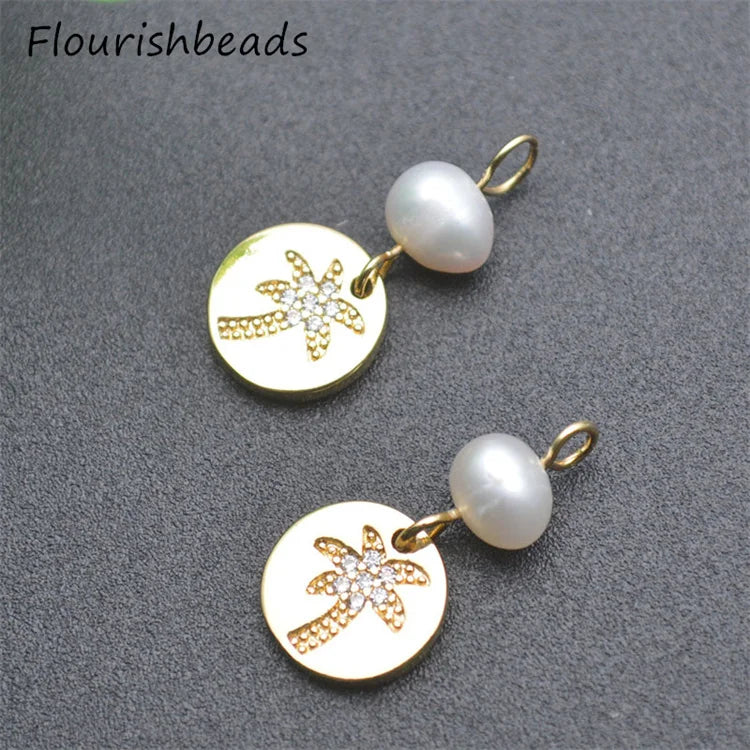 Earring Accessories Nickel Free Color Remain Gold Plating CZ Pave Natural Pearl Beads Coconut Tree Charms for Diy Jewelry Making