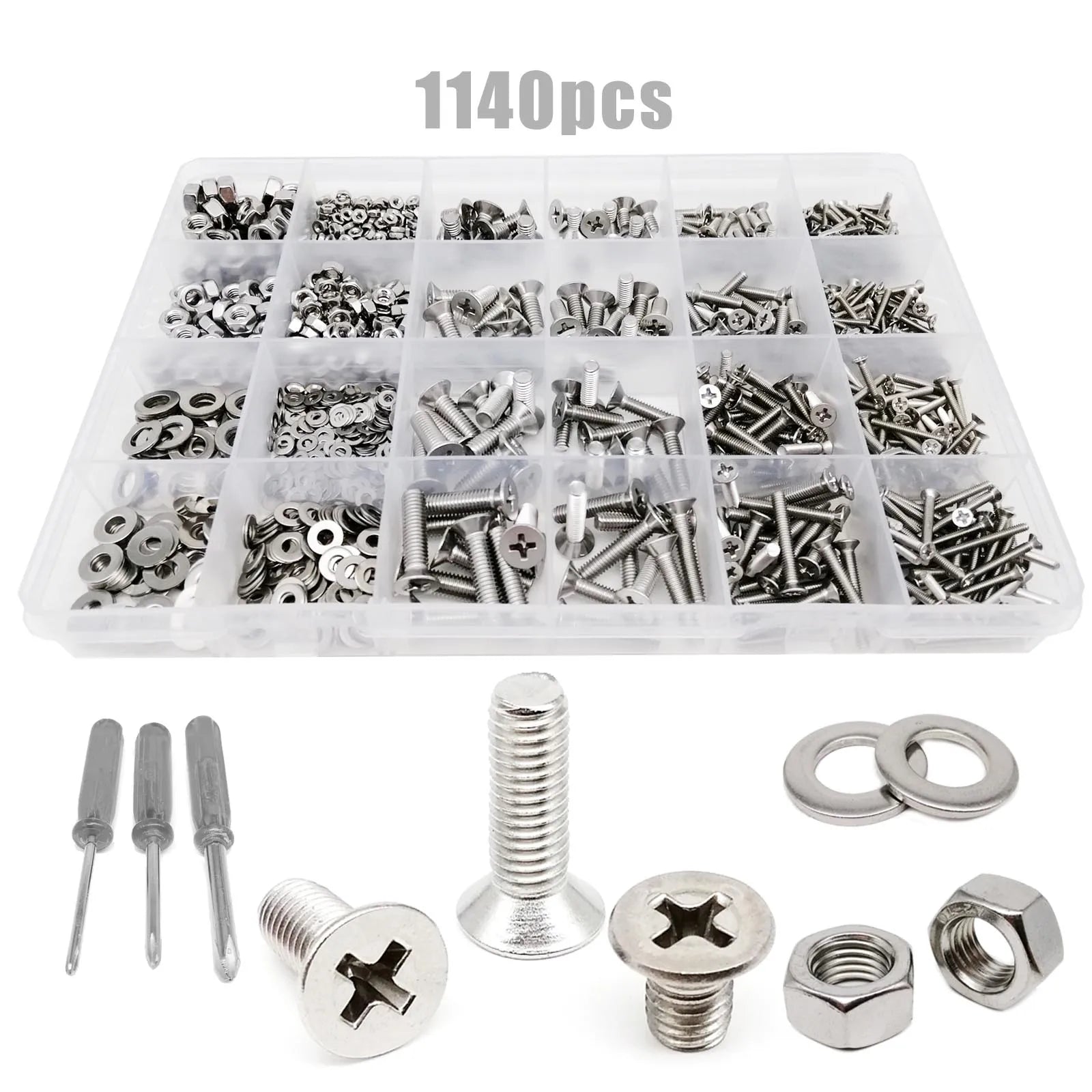 Total 1140pcs/box M2 M3 M4 M5 304 Stainless Steel Assortment Cross Phillips Flat Countersunk Head Screw Bolt Nut Washer Set Kit